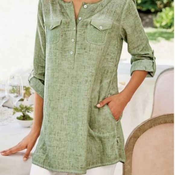 🔺️Soft Surroundings Olive Sequined Linen Long Sleeve Top XSmall - Picture 1 of 14